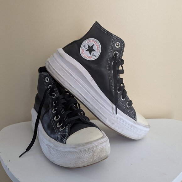 CONVERSE BLACK LEATHER PLATFORM HI TOP SNEAKERS - Picture 1 of 4